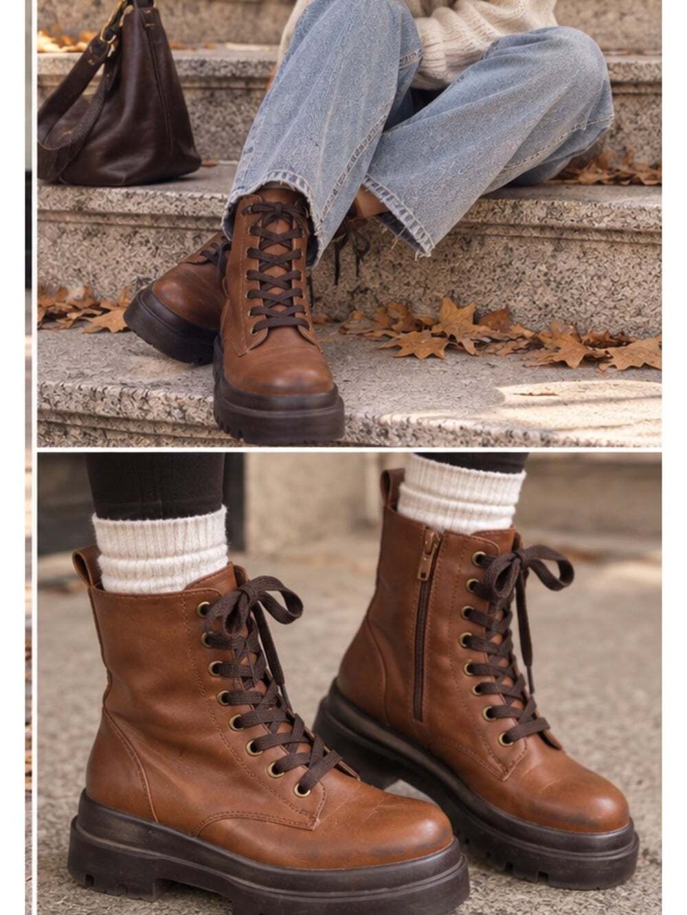 Cognac Brown Vegan Faux Fur Platform Combat Boots Women’s 8.5 Lug Sole Y2K